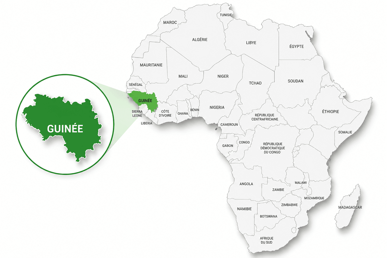 Carte de l'Afrique, Guinée mise en avant